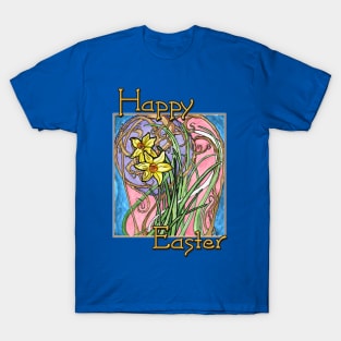 Happy Easter! Colorful Watercolor Daffodils on Blue Marble T-Shirt